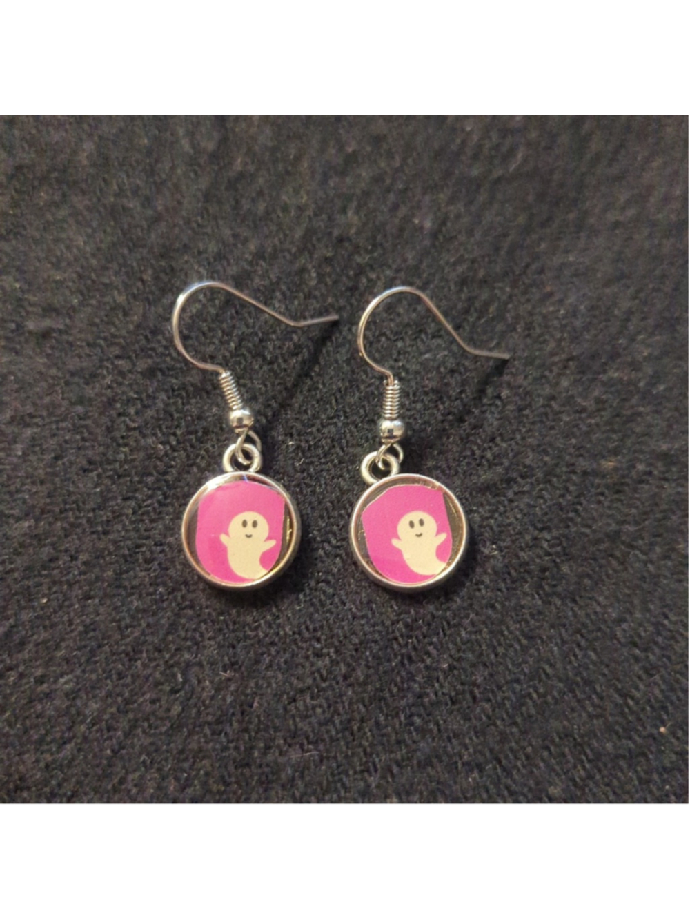 Silver Tone Pink and White Ghost Dainty Delicate Drop Statement Earrings